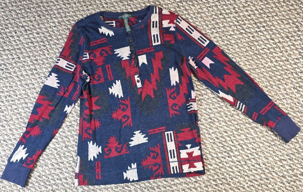 Lauren Ralph Lauren Southwestern Henley Shirt Faux Suede Elbow Patch Petite L